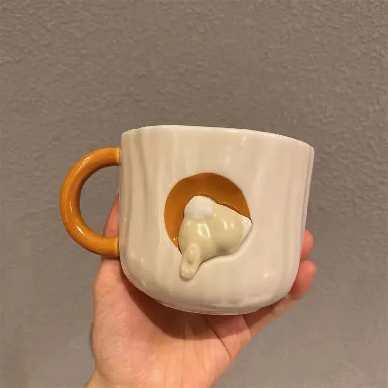 Autumn Forest Animal Ceramic Mug with Lid – Cute Fox, Rabbit & Squirrel Cup