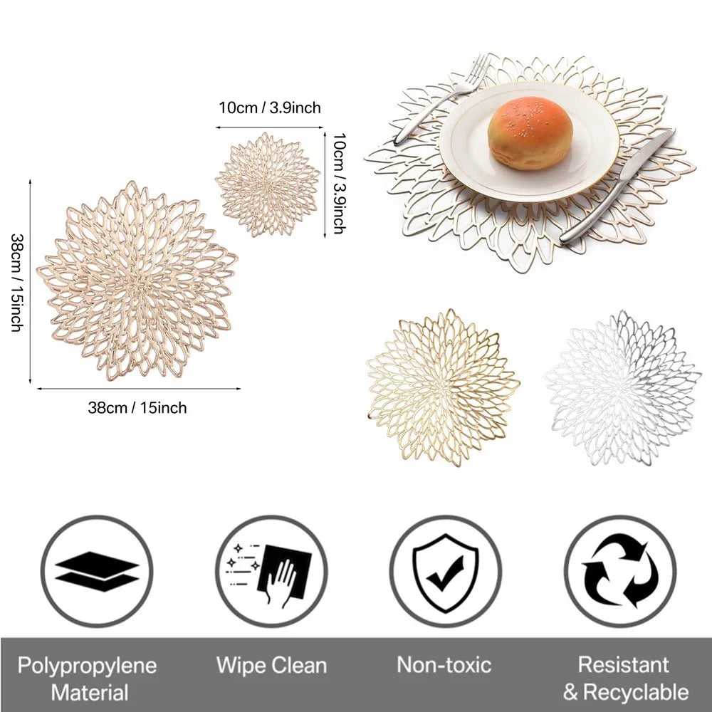 Round Blooming Flower Placemats Set – Modern PVC Heat-Resistant Table Mats for Dining & Events
