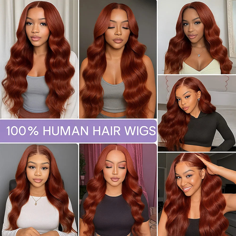13x4 Reddish Brown Body Wave HD Transparent Lace Front Human Hair Wig #33