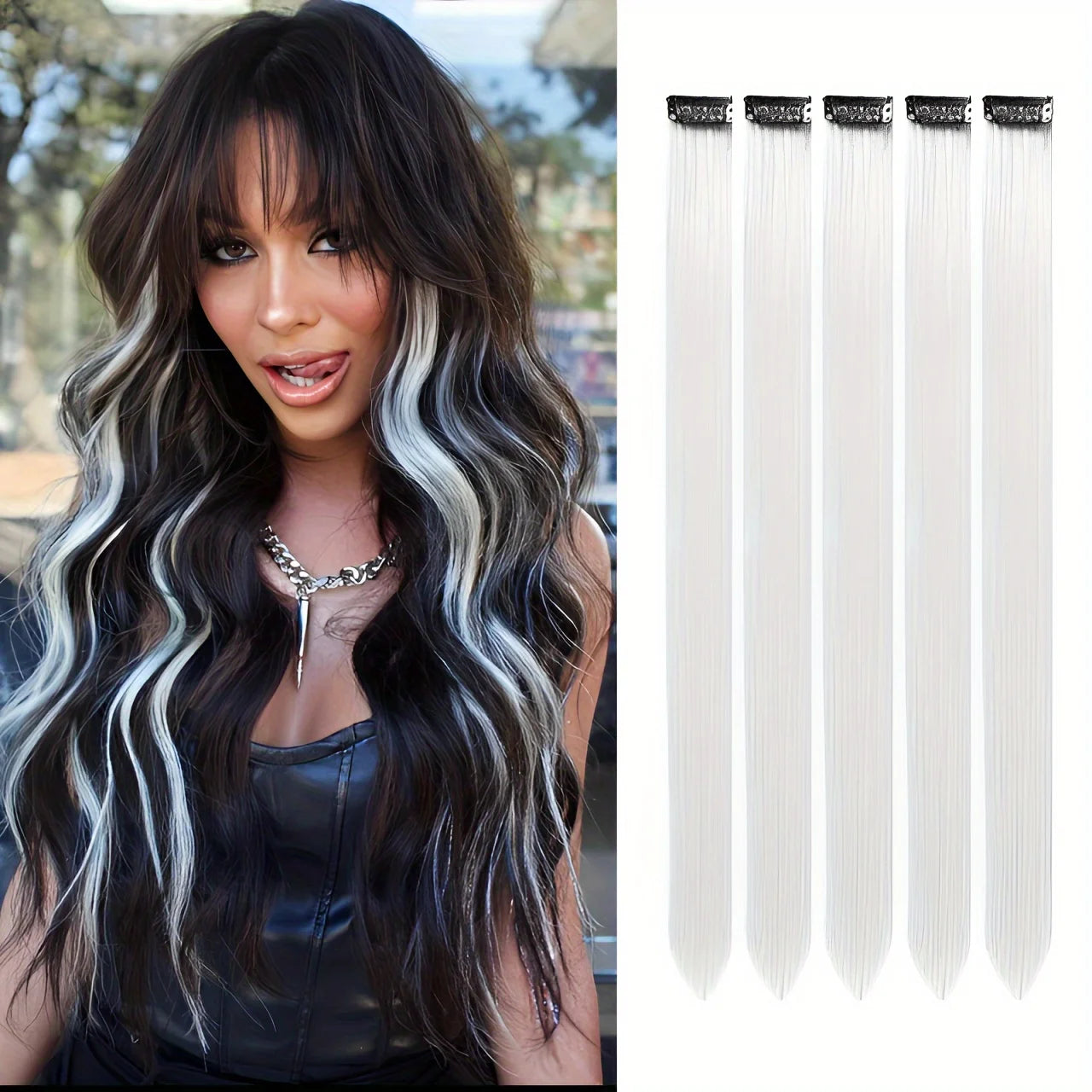 Straight Synthetic Clip-In Hair Extensions | 5pcs Set | 20 Inch | Bold Colors | Party & Cosplay