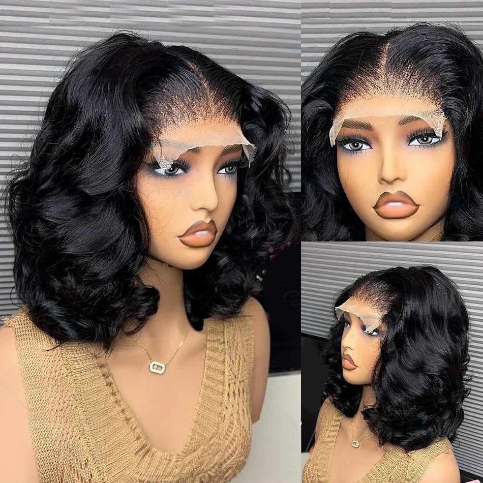 200% Density 5x5 Glueless Short Bob Body Wave 13x6 HD Transparent Lace Front Human Hair Wig