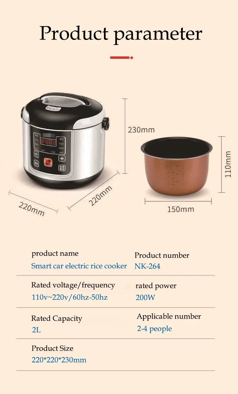 Portable 2L Car Rice Cooker – 12V/24V Electric Multi-Cooker for Soup, Porridge & Steamed Meals