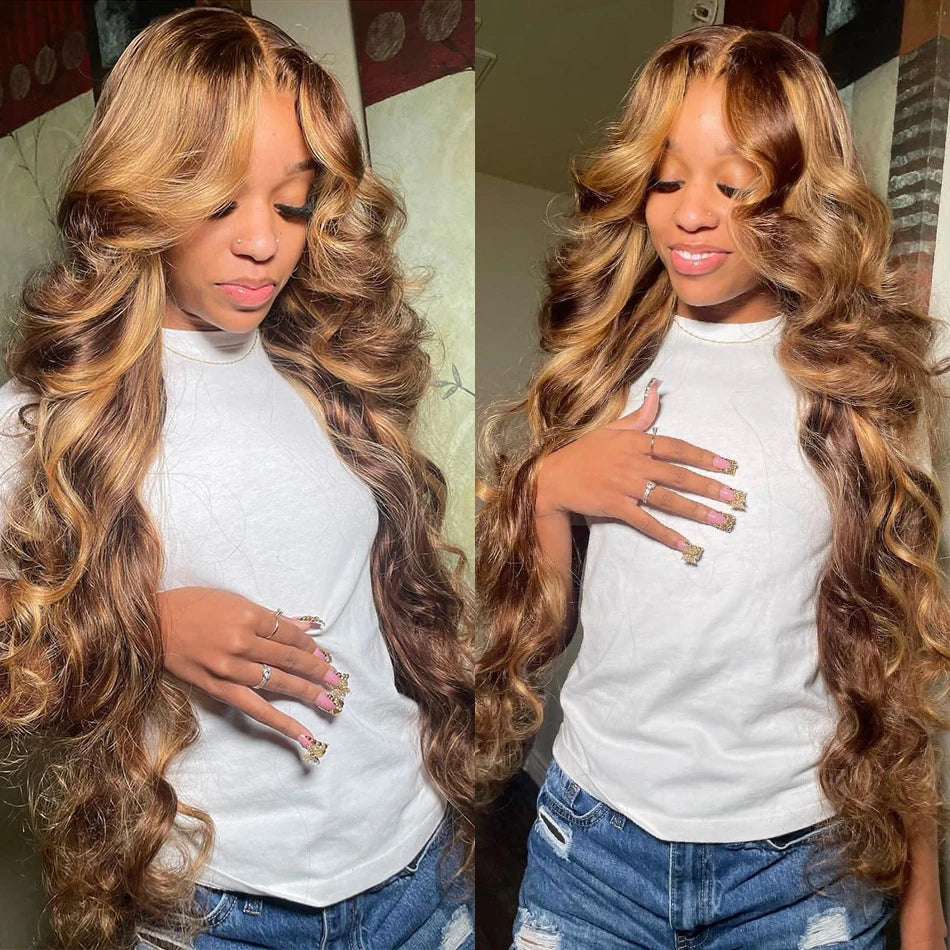 Honey Blonde Highlight Body Wave Wig – 13x6 HD Lace Frontal & 4x4/5x5 Closure, 100% Brazilian Human Hair (26"+)