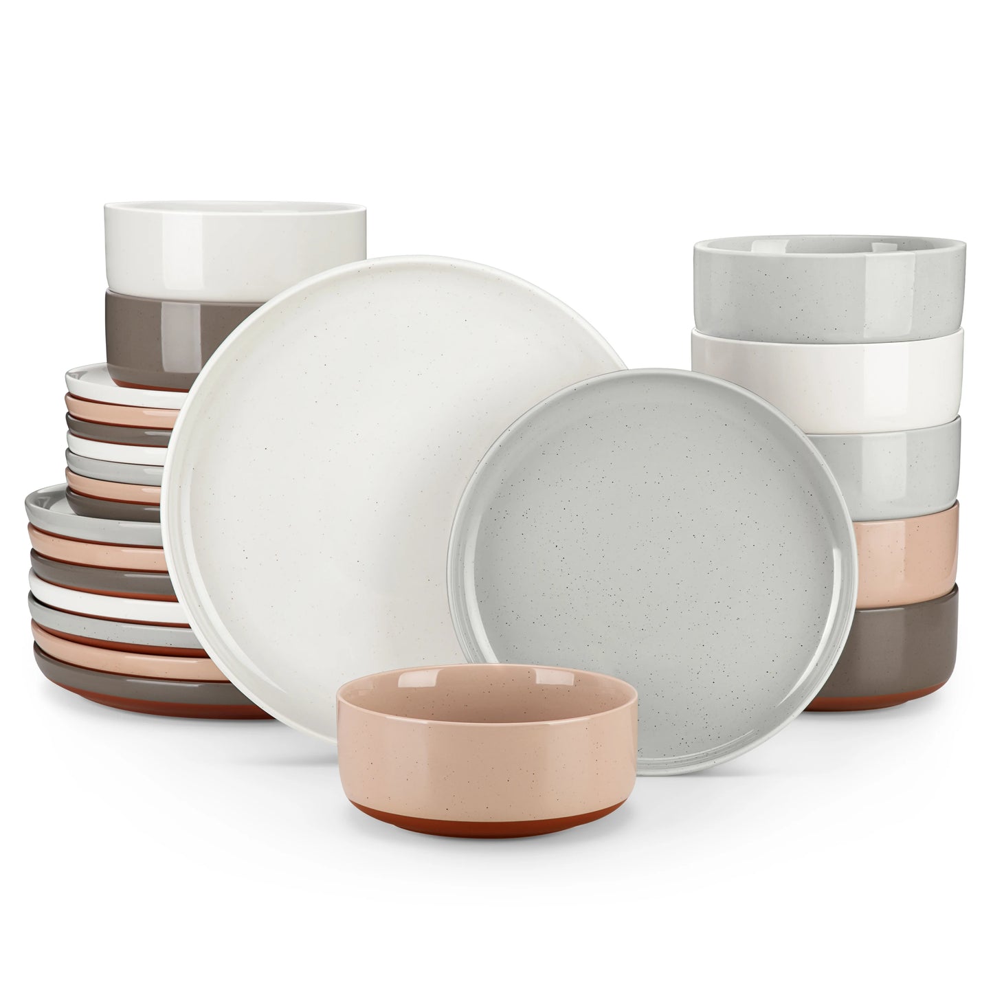 MALACASA TARA 12/24-Piece Stoneware Dinnerware Set – Curved Edge Sesame Glaze Plates & Bowls for 4/6 Person Dining