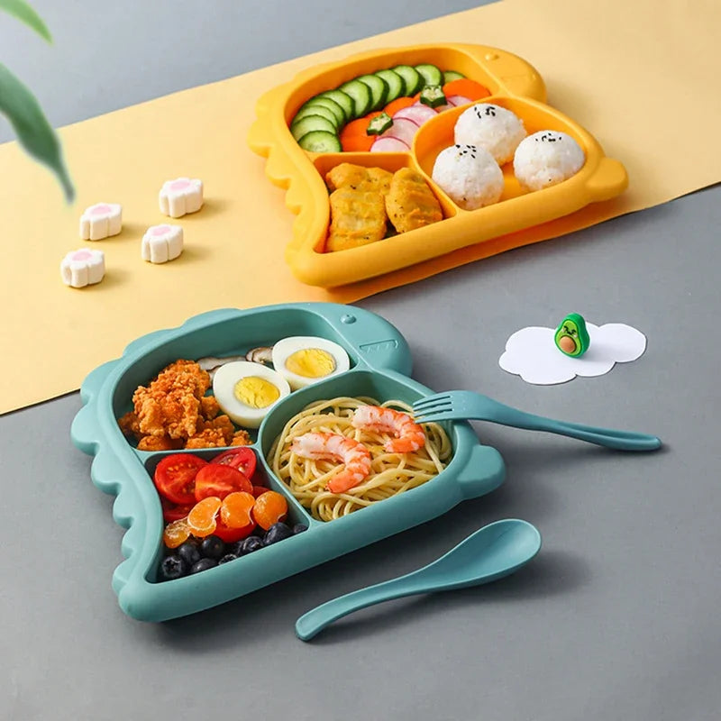 Dinosaur Baby Tableware Set – Large 3-Compartment Plate with Spoon & Fork for Balanced Meals