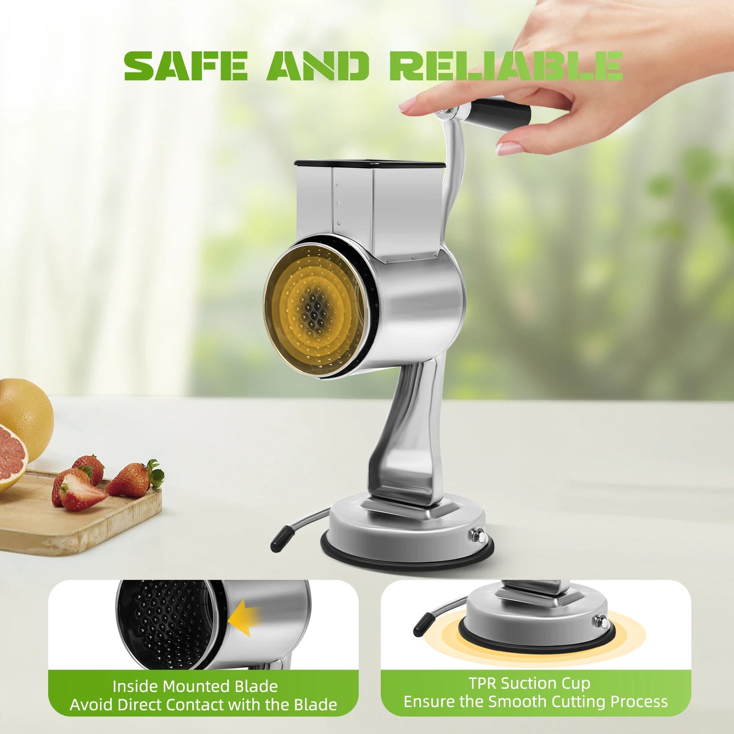 Manual Rotary Grater – 5-in-1 Stainless Steel Vegetable & Cheese Slicer Grinder