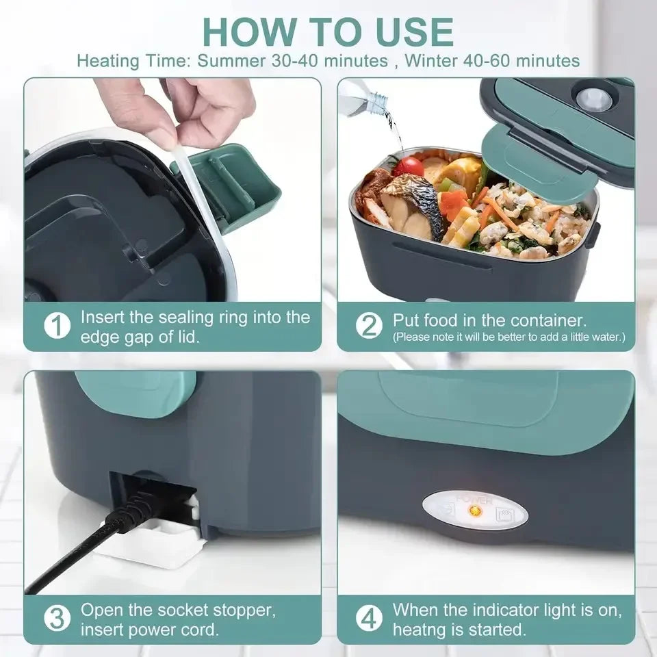 1.5L Electric Heated Lunch Box – 60W Portable Food Warmer for Car, Office & Home | Leak-Proof Stainless Steel Bento