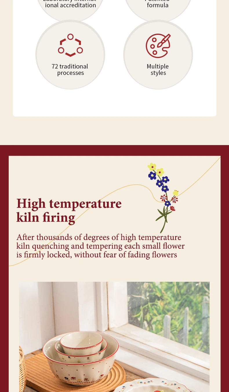 Vintage Floral Ceramic Dinnerware Set – Retro Soup Bowls, Salad & Pasta Plates, Microwave Safe Porcelain Tableware