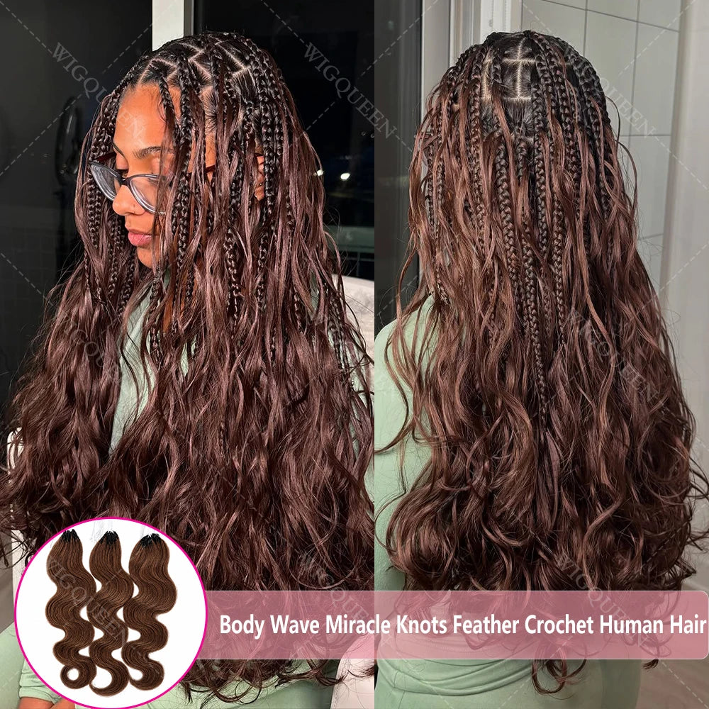 15A Body Wave Crochet Hair Extensions – Remy Human Hair Knotless Pre-Separated Miracle Knot Boho Braids