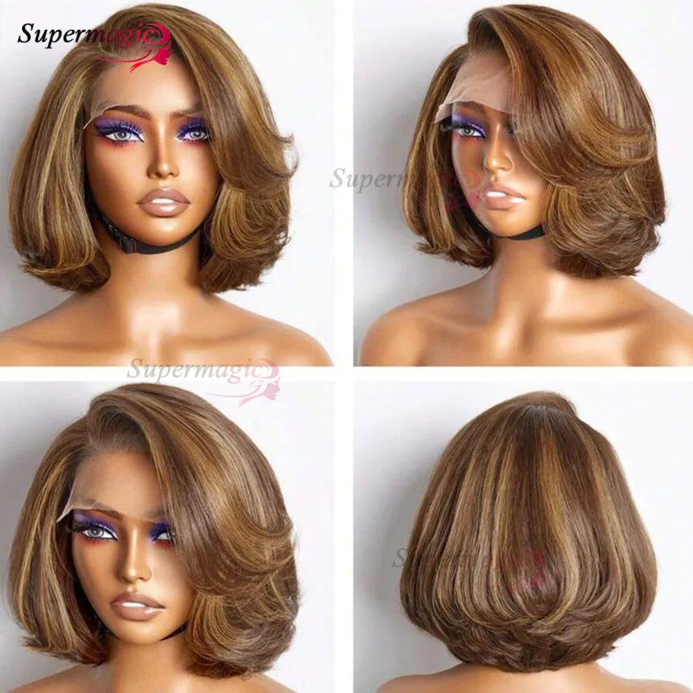 13x4 Frontal Wig – Trendy Layered Highlight Piano Color Human Hair Bob Wig for Women