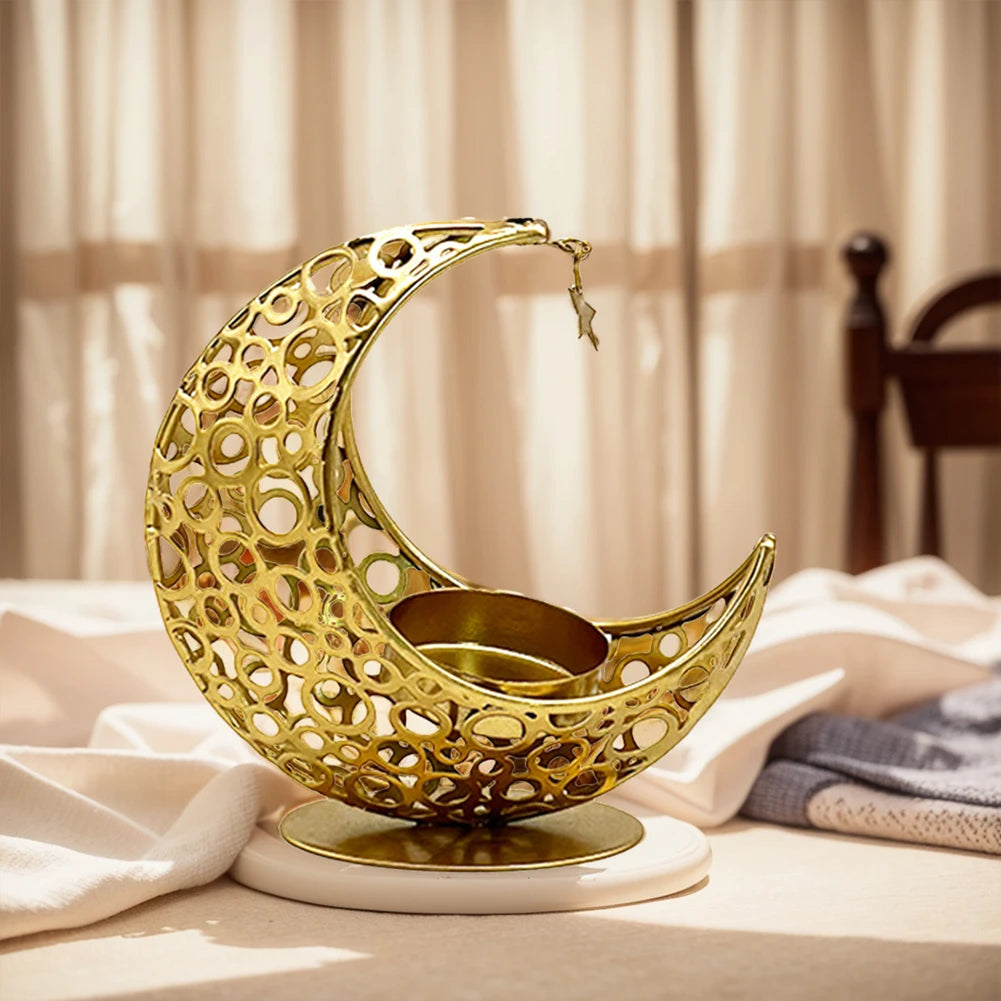 Eid Mubarak Moon Candle Holder – Ramadan Metal Candlestick for Home & Party Decor