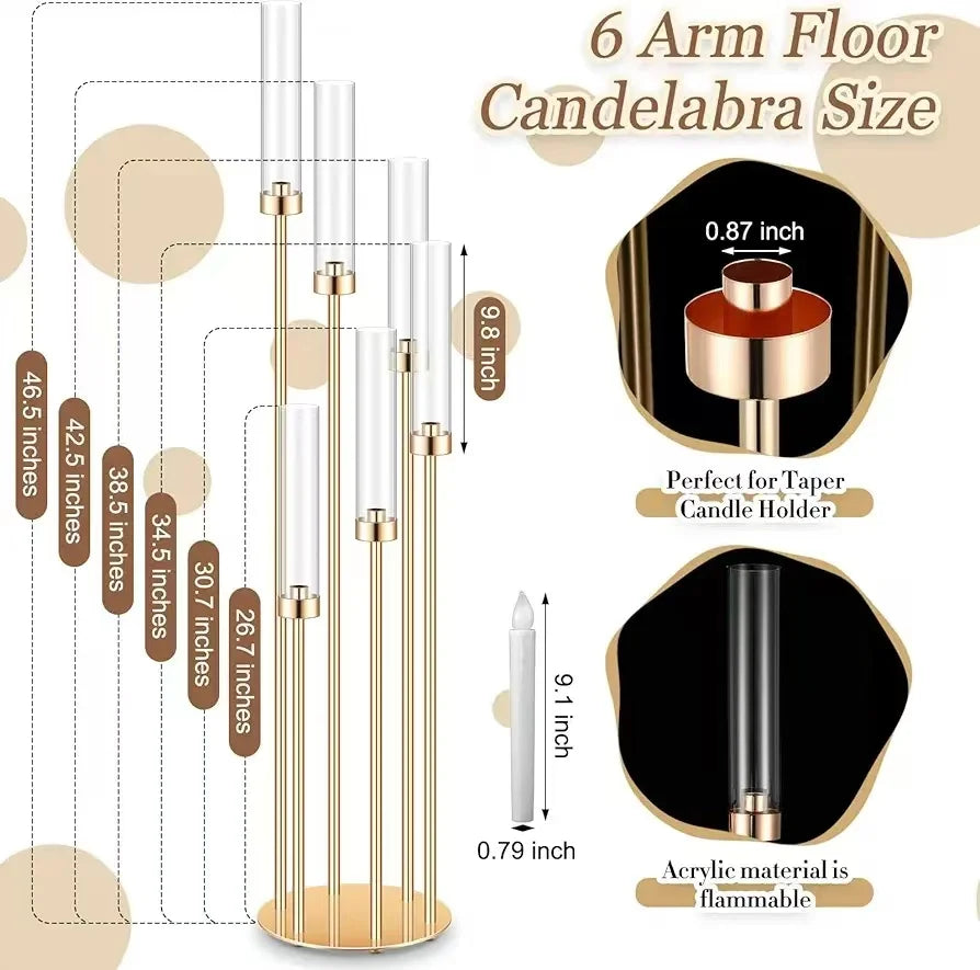 4PCS 46" Tall Metal Floor Candlestick Holders with 24 LED Candles – Wedding, Party & Event Centerpiece Décor