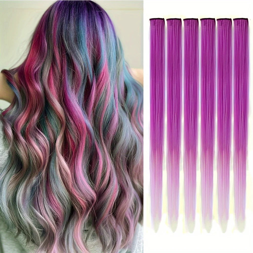 Colored Party Highlight Clip-In Hair Extensions | Synthetic Straight | 6pcs 70g | 22 Inch | Multi-Color