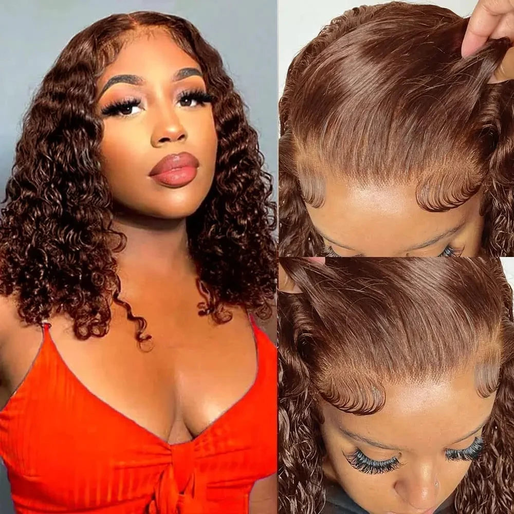 Happy Monday #4 Chocolate Brown Kinky Curly Bob Wig – 13x4 HD Transparent Lace Front, Deep Wave Remy Human Hair (Pre-plucked)