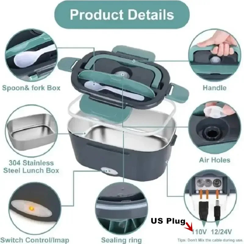 1.5L Electric Heated Lunch Box – 60W Portable Food Warmer for Car, Office & Home | Leak-Proof Stainless Steel Bento