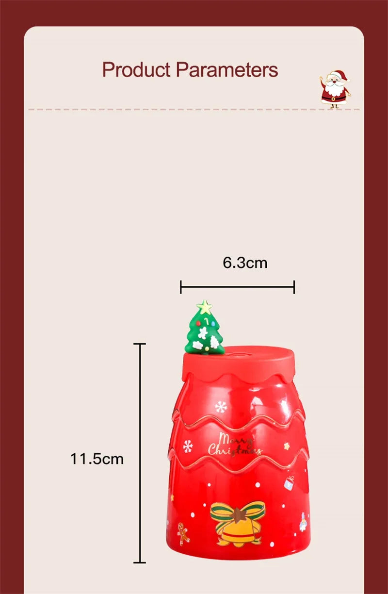 🎅 Christmas Ceramic Mug with Lid & Straw – Santa, Snowman & Tree Design Gift Cup