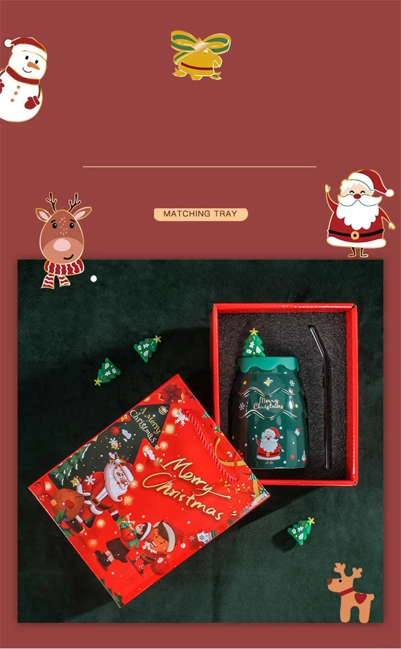 🎅 Christmas Ceramic Mug with Lid & Straw – Santa, Snowman & Tree Design Gift Cup