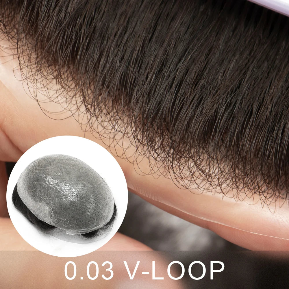 Men Toupee Wig Natural Hairline V Loop Thin Skin | Remy Human Hair System 0.03mm