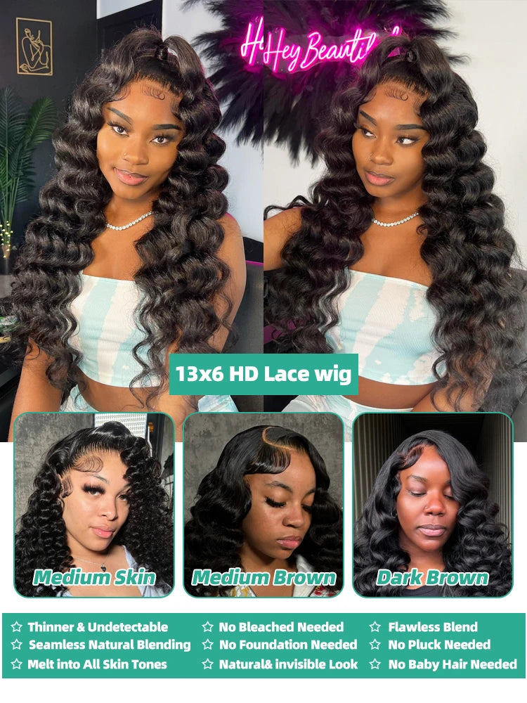 13x6 HD Transparent Loose Deep Wave Lace Front Human Hair Wig (200% Density, 30–34 inch)