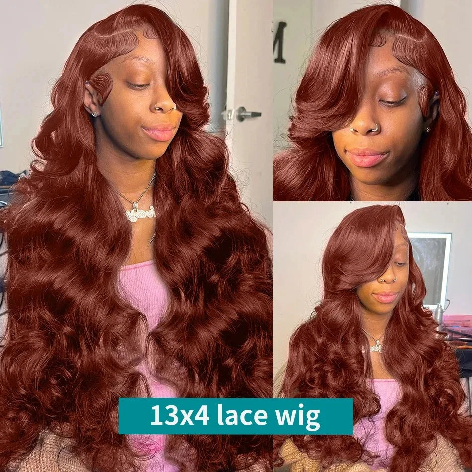 13x4 Reddish Brown Body Wave HD Transparent Lace Front Human Hair Wig #33