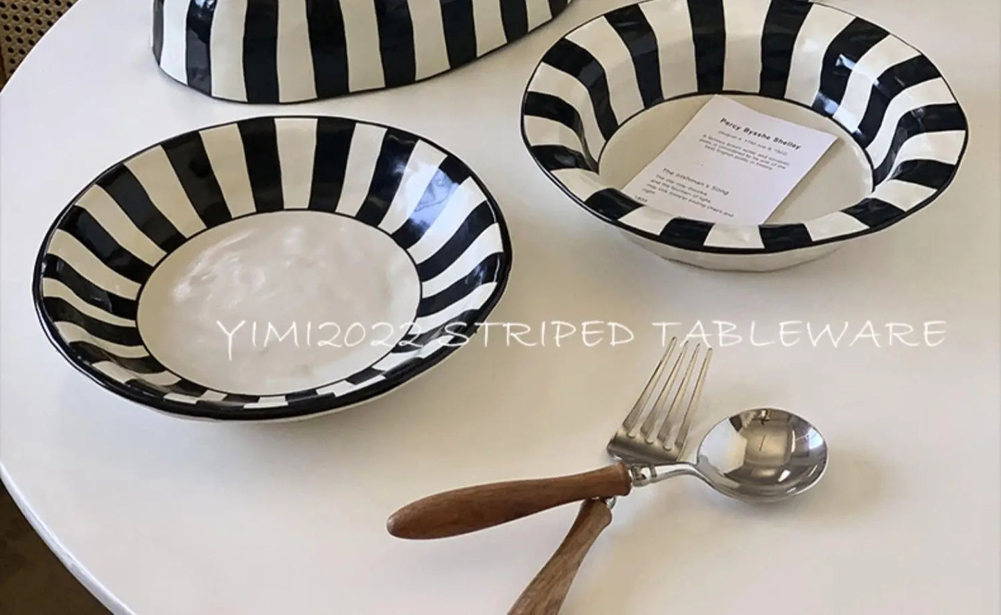 Ins Style Striped Ceramic Bowl – Handcrafted Black & White Tableware for Breakfast, Noodles, Fruits & Desserts