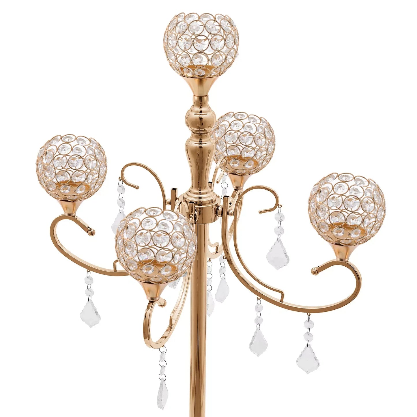 2PCS 5-Arm Crystal Candelabra Candle Holders – Gold Table Centerpieces for Weddings & Events