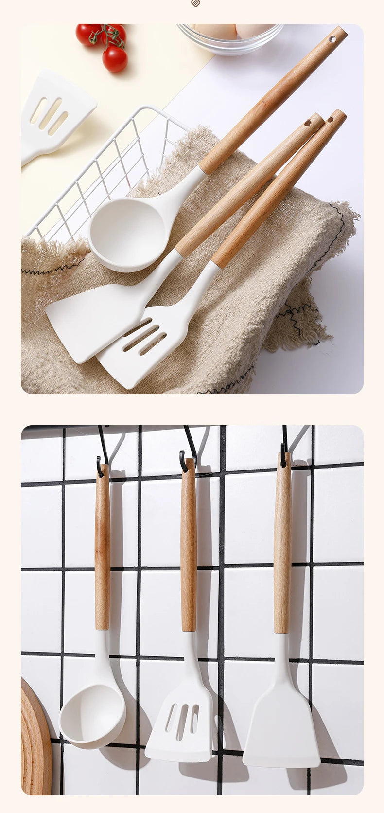 Silicone Kitchen Utensil Set with Wooden Handle – Nonstick Cooking Tools