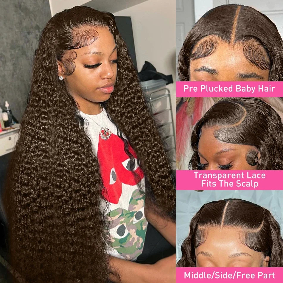 Chocolate Brown Deep Wave Curly HD Lace Front Human Hair Wig (13x6 / 13x4, Long Length)