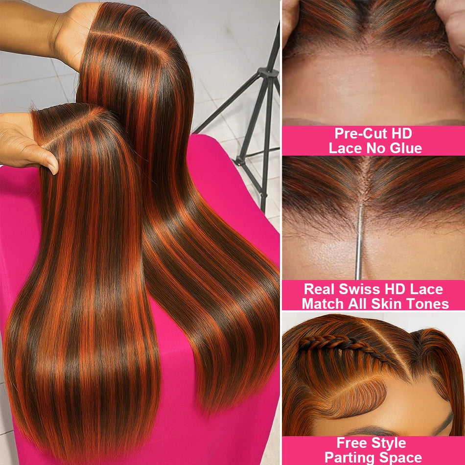 Brown Ginger Highlight Straight Wig – 5x5 Glueless & 13x4 HD Lace Front Human Hair