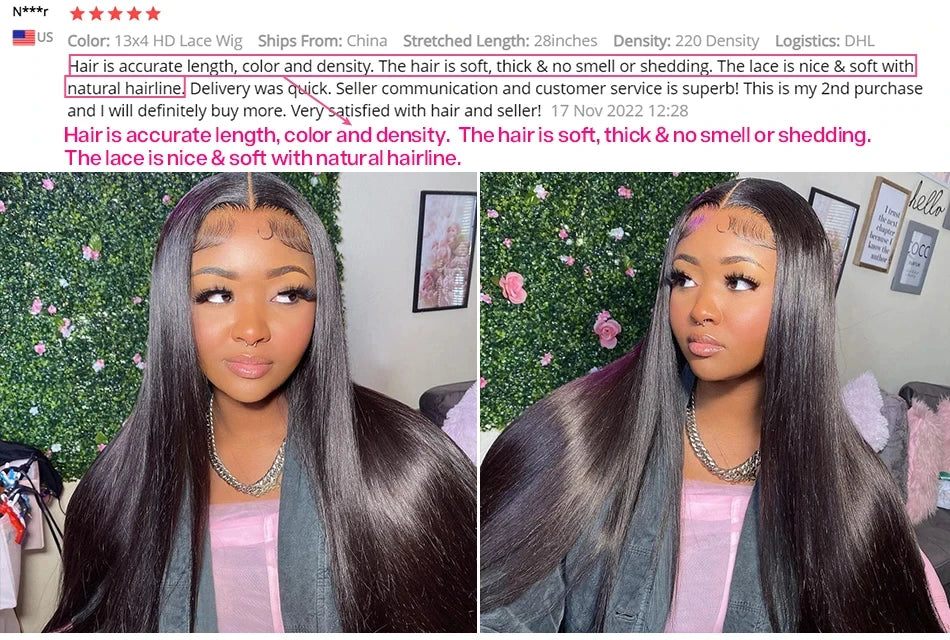 40 Inch Straight Brazilian Virgin Human Hair Wig (13x6/13x4 HD Transparent Lace Front, 200% Density)