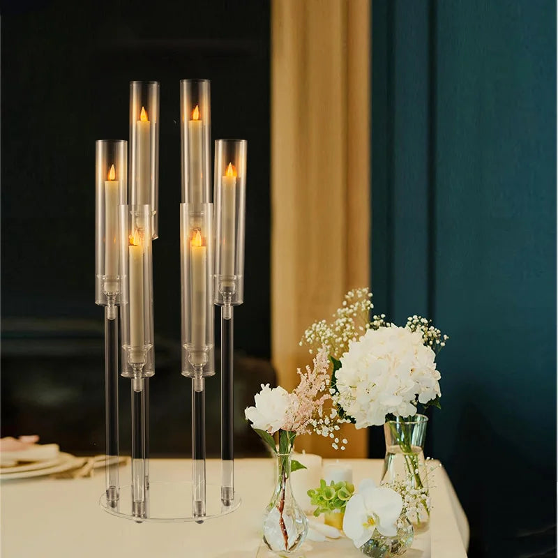 10Pcs Clear Acrylic 6-Arm Candelabra Candle Holders – Elegant Taper Candle Stand for Wedding & Party Decoration