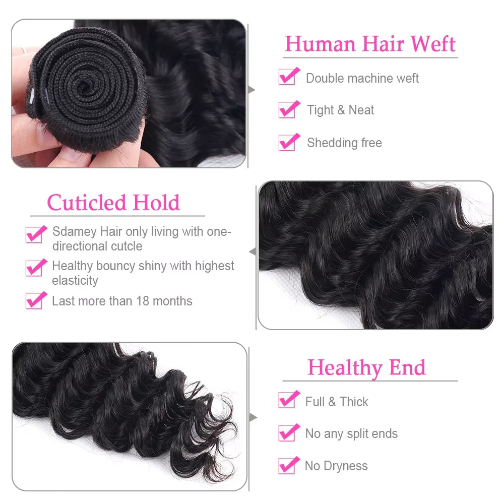 Deep Wave Brazilian Remy Hair Bundles | 100% Human Hair | Natural Color | 10-40 Inch | 1/3/4 Pieces