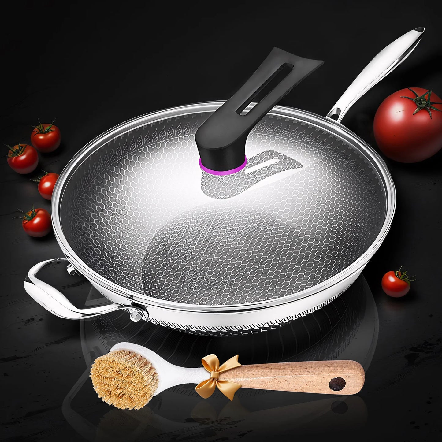 13-Inch Hybrid Stainless Steel Wok with Lid – PFOA-Free Nonstick Cookware