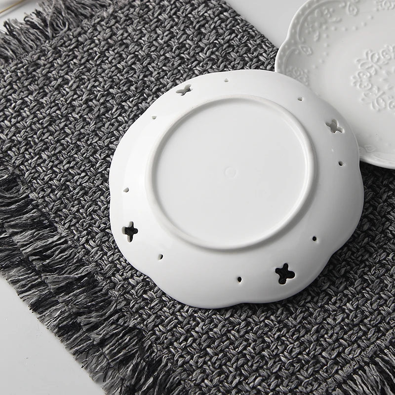 White Embossed Porcelain Plate – 6-Inch Round Ceramic Serving Dish for Weddings, Parties & Elegant Buffet Displays