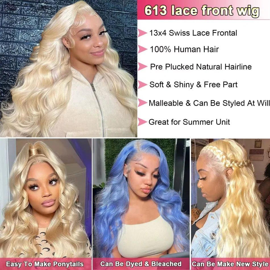 613 Gold Blonde 13x6 HD Transparent Lace Front Wig – 220 Density Body Wave, 30 Inch (Brazilian Remy Human Hair)