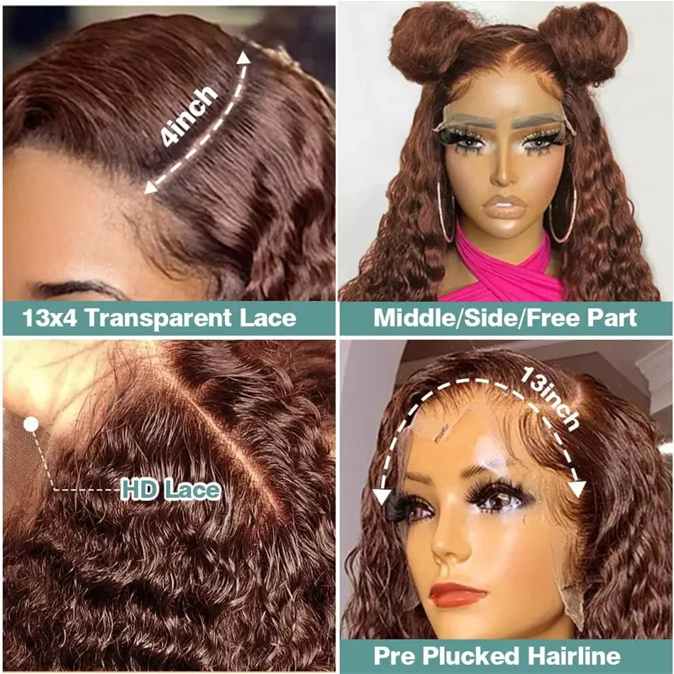 Chocolate Brown Deep Wave Curly HD Lace Front Human Hair Wig (13x6 / 13x4, Long Length)