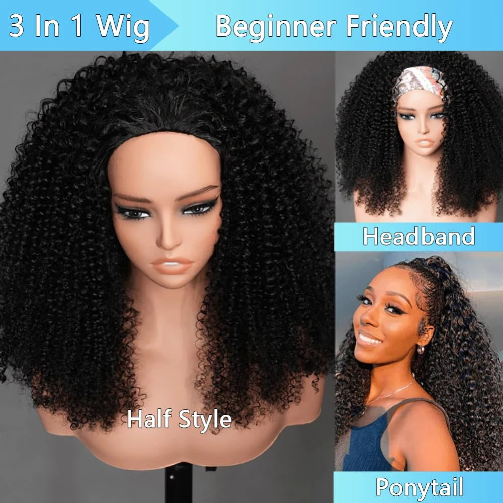 Kinky Curly Half Wig 200% Density Human Hair Clip-In Glueless Wig