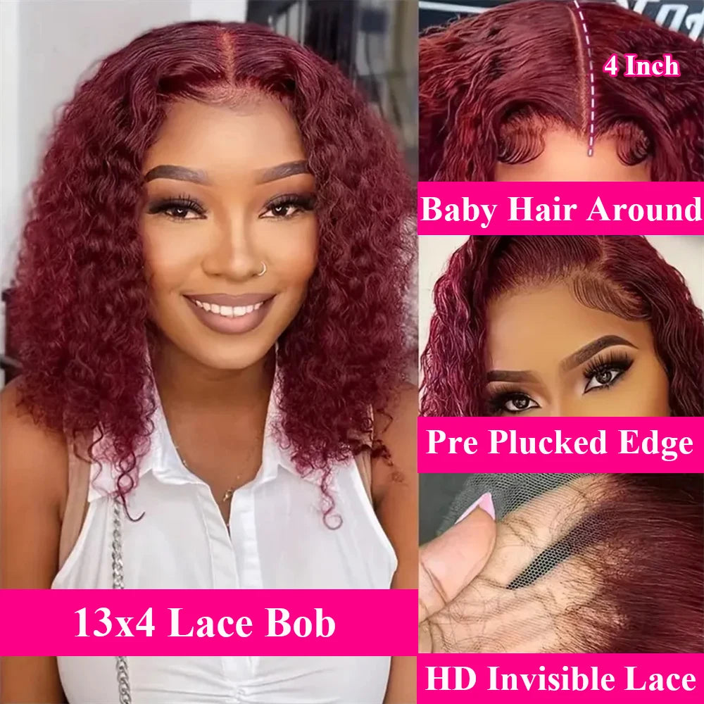 99J Burgundy Water Wave Bob 13x4 Transparent Lace Front Remy Brazilian Human Hair Wig (Short)
