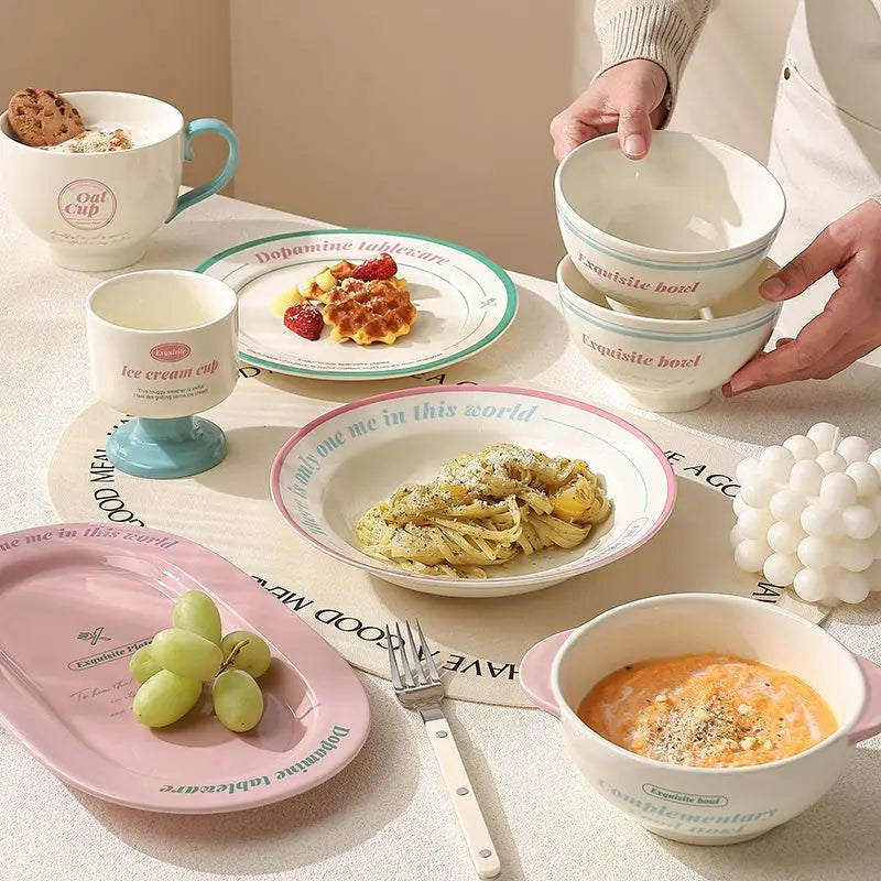 Ceramic Tableware Bowl & Plate Set for Home Use – Rice, Dessert, and Divided Plates Collection