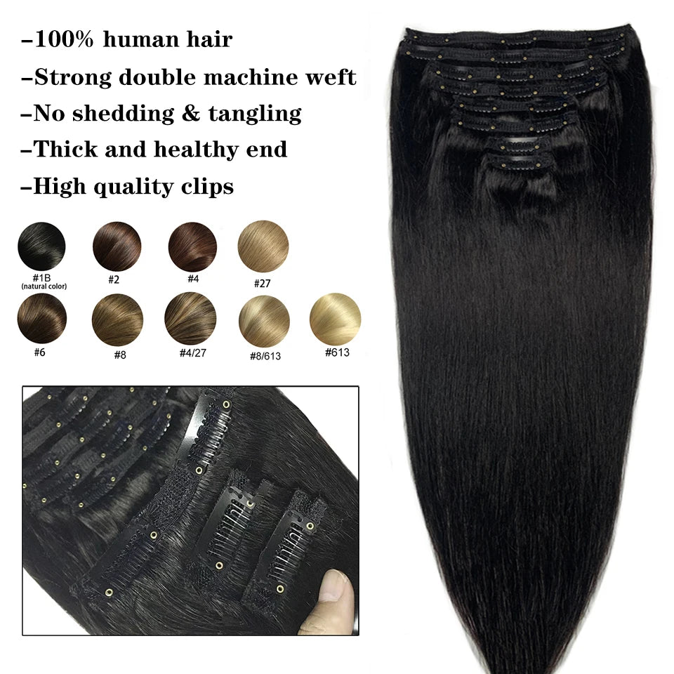 Straight Clip-In Hair Extensions | Brazilian Virgin Remy Human Hair | 8pcs 20 Clips | 120g | 4-24 Inch | Natural Black