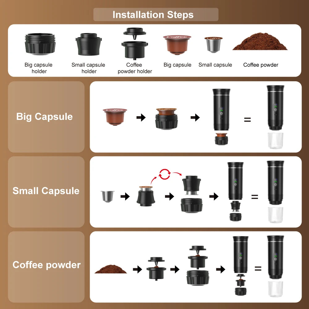 Portable 3-in-1 Espresso Coffee Maker — Digital Display Capsule Machine for Car, Home & Camping