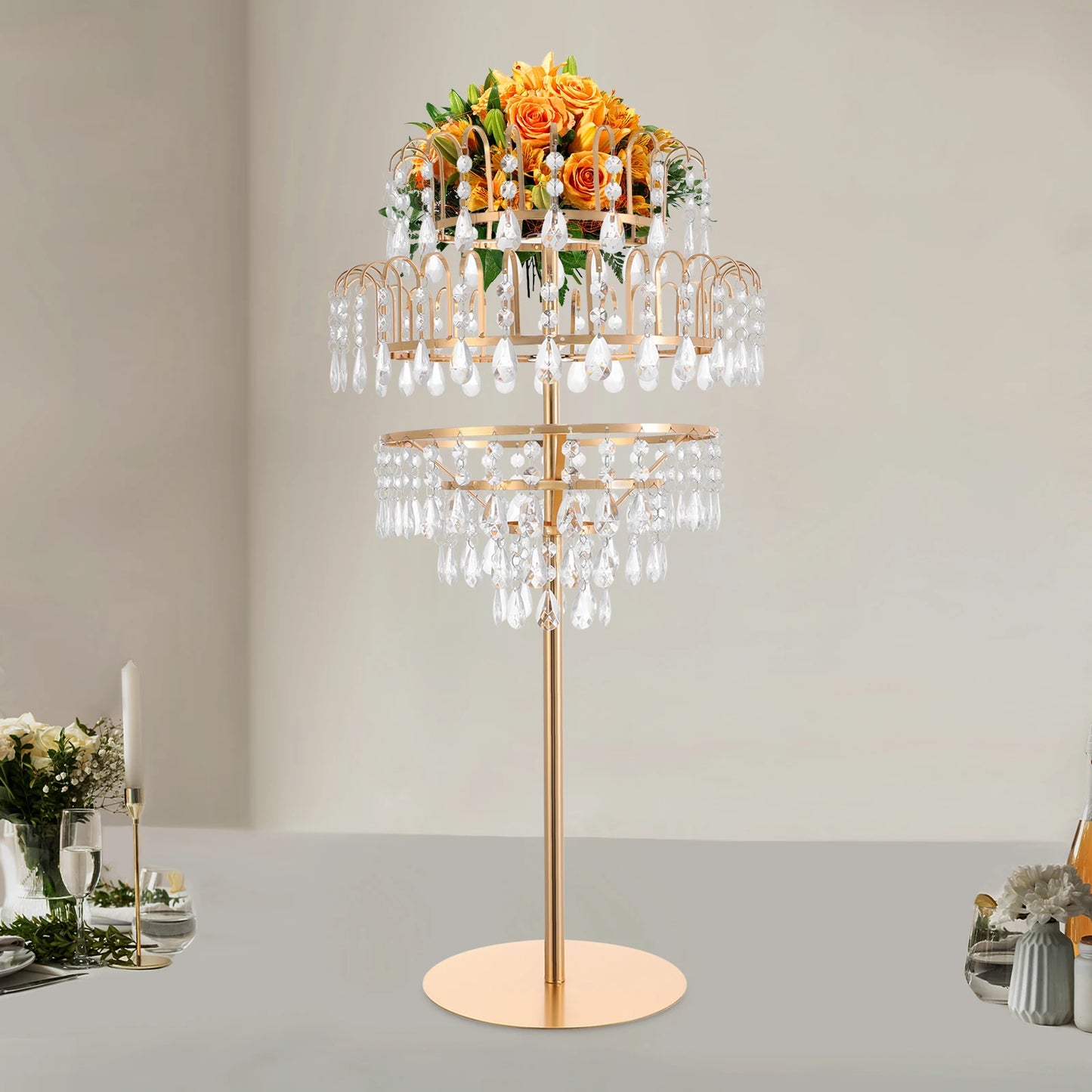 5-Tier Crystal Fountain Flower Stand – Silver & Gold Freestanding Centerpiece for Wedding, Party & Home Décor