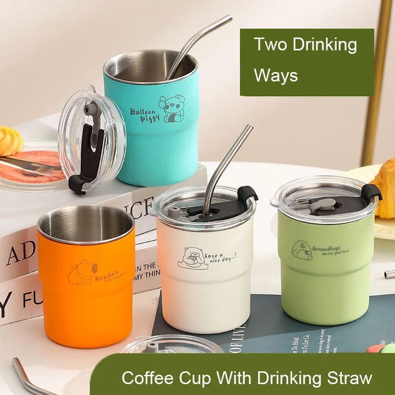 300ml Stainless Steel Tumbler with Straw & Lid – Portable Coffee Travel Mug