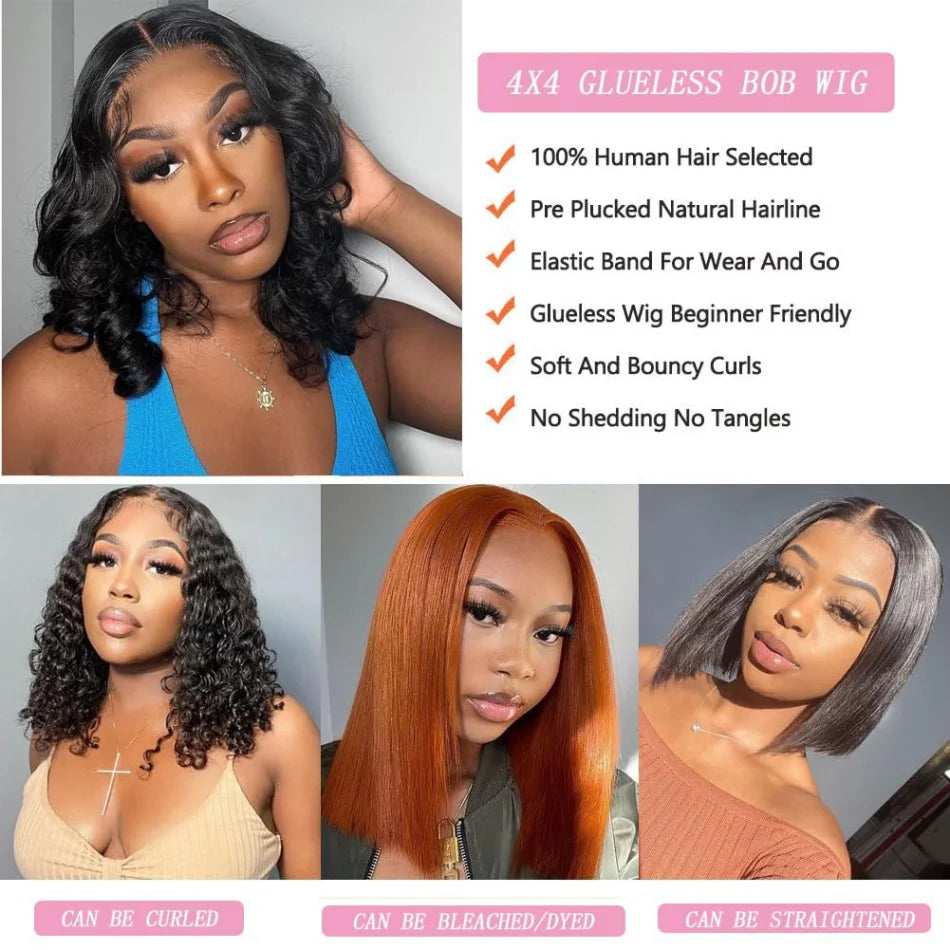 Frolo Bob Wig 5x5 HD Lace Closure Short Glueless Body Wave Human Hair Wig (220 Density, Brazilian Remy, 8–16 Inch)