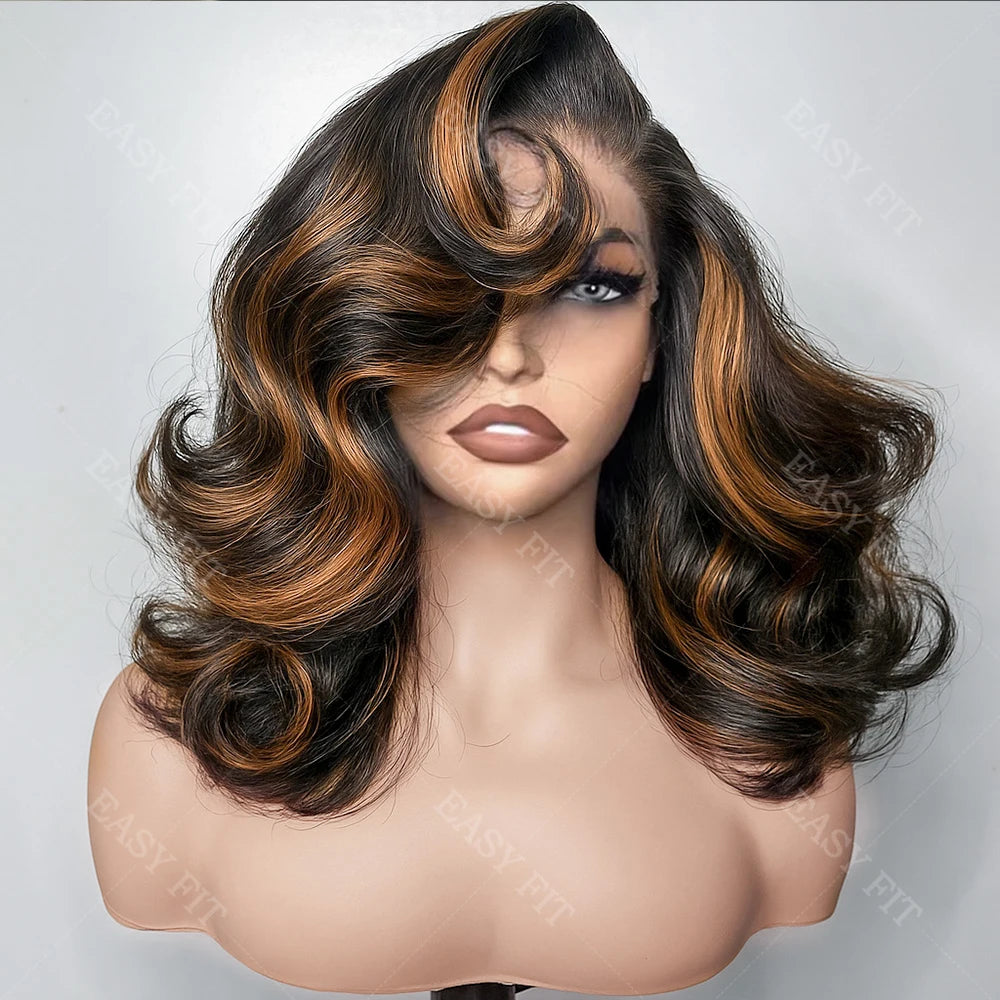 1B/30 Highlight Ombre Short Bob Wig – 13x4 HD Transparent Lace Frontal, Human Hair, Body Wave, 16 Inch