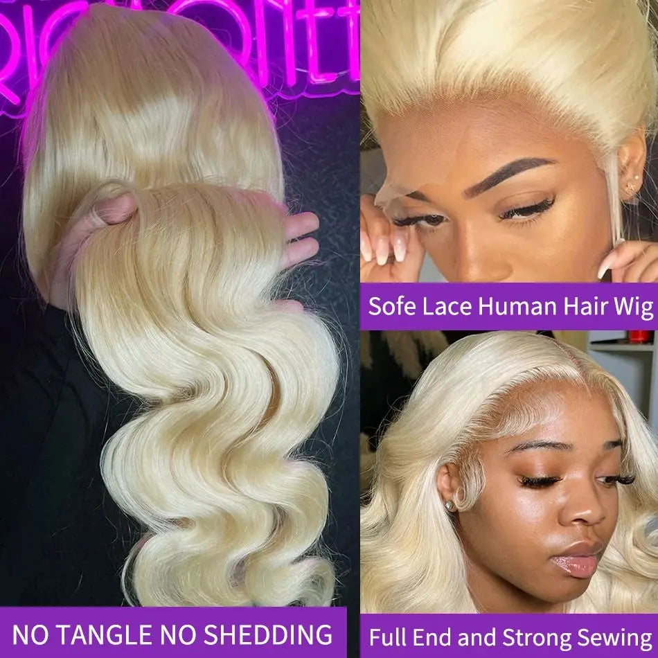 613 Gold Blonde 13x6 HD Transparent Lace Front Wig – 220 Density Body Wave, 30 Inch (Brazilian Remy Human Hair)