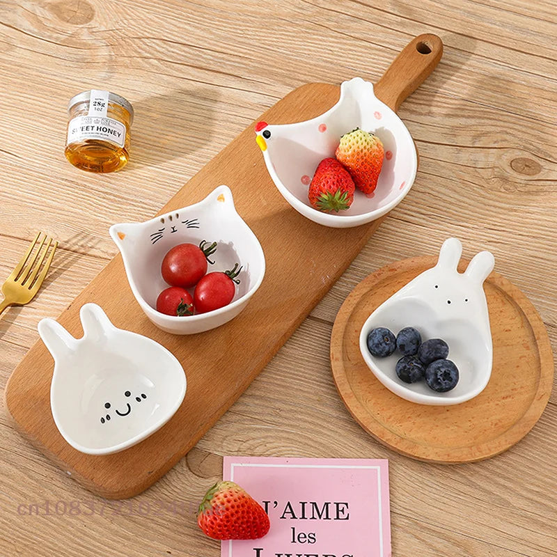 Cute Ceramic Mixing Dish with Handle – Bunny & Cat Dipping Bowl for Snacks & Sushi