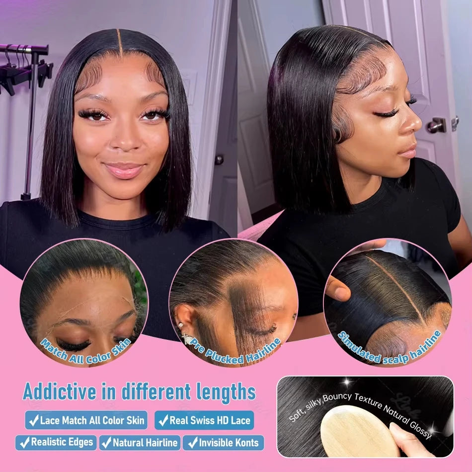 14 & 16 Inch HD Transparent Bone Straight Bob Lace Wig – 4x4 / 5x5 / 13x4, 250% Density, Natural Black