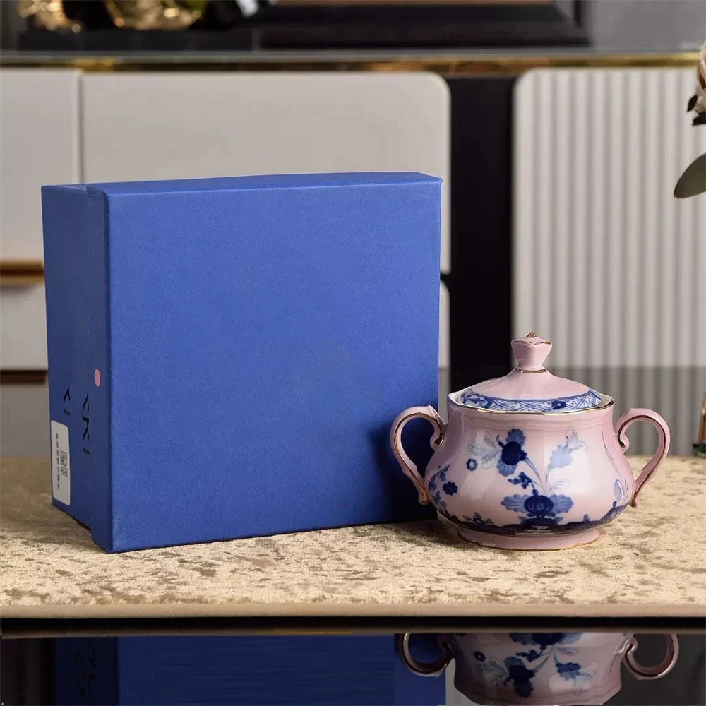 Ceramic Afternoon Tea Set – Printed Porcelain Cup, Saucer, Tray, Milk Pot & High Foot Plate