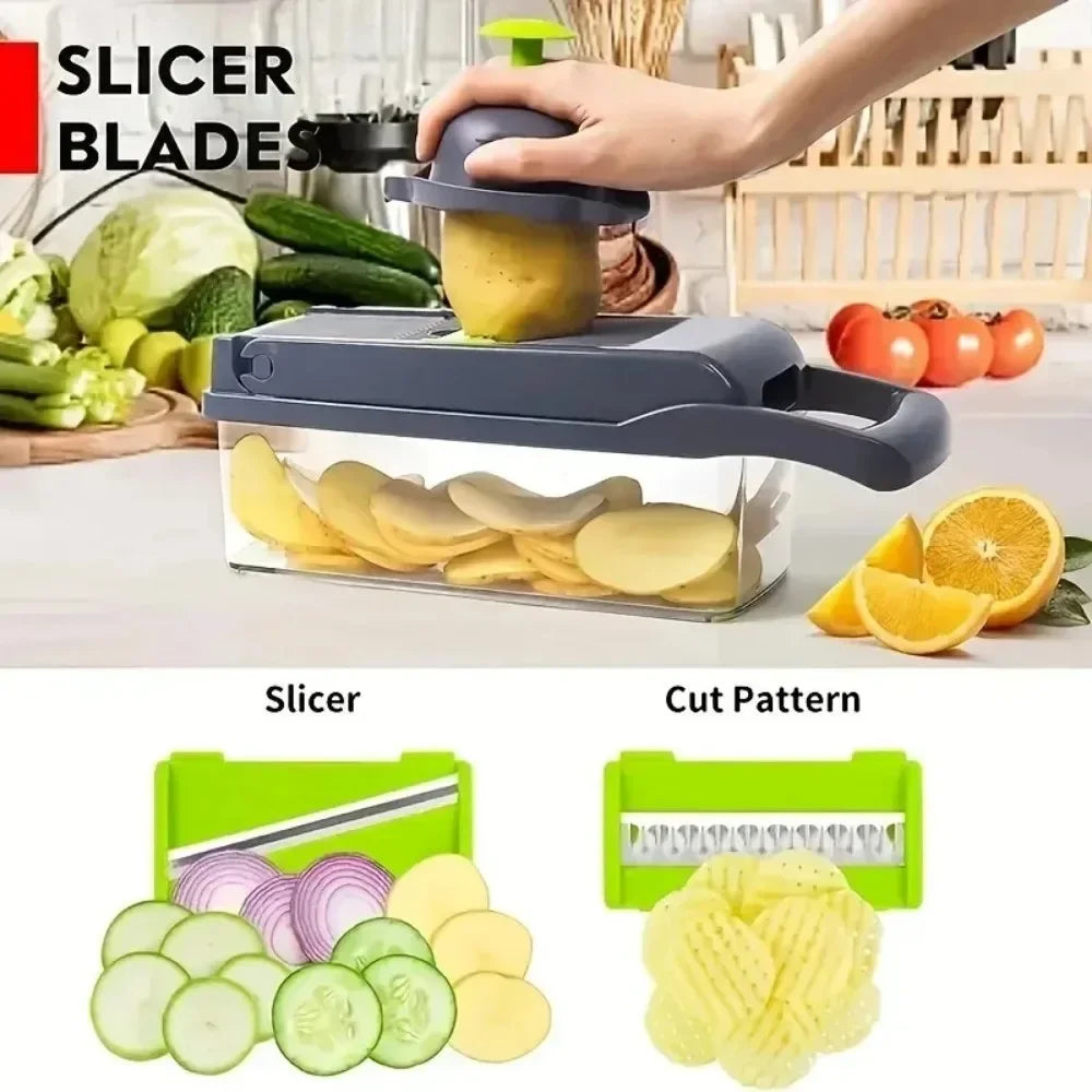 Multifunctional Vegetable Chopper 14/16-in-1 | Food Slicer, Dicer & Grater with Container – Stainless Steel Blades